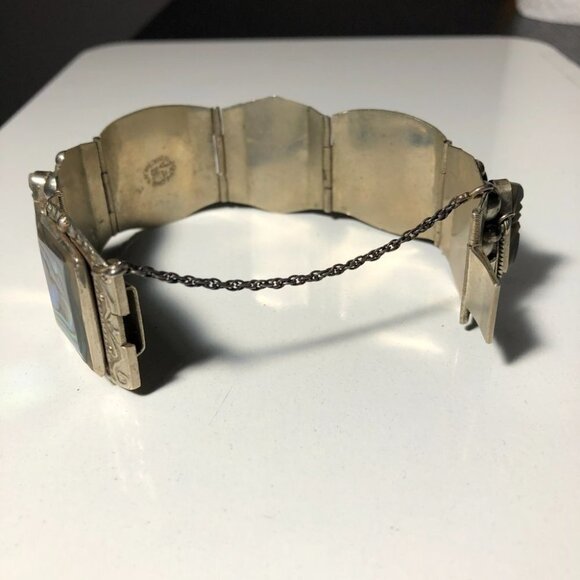 Vintage Sterling Silver Panel Bracelet Abalone Aztec Taxco Mexico Eagle Head - Picture 4 of 15